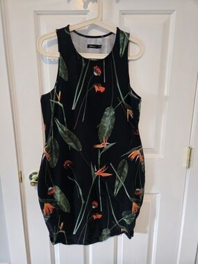 Reitmans Black Tropical Floral Dress with Orange and Green Accents